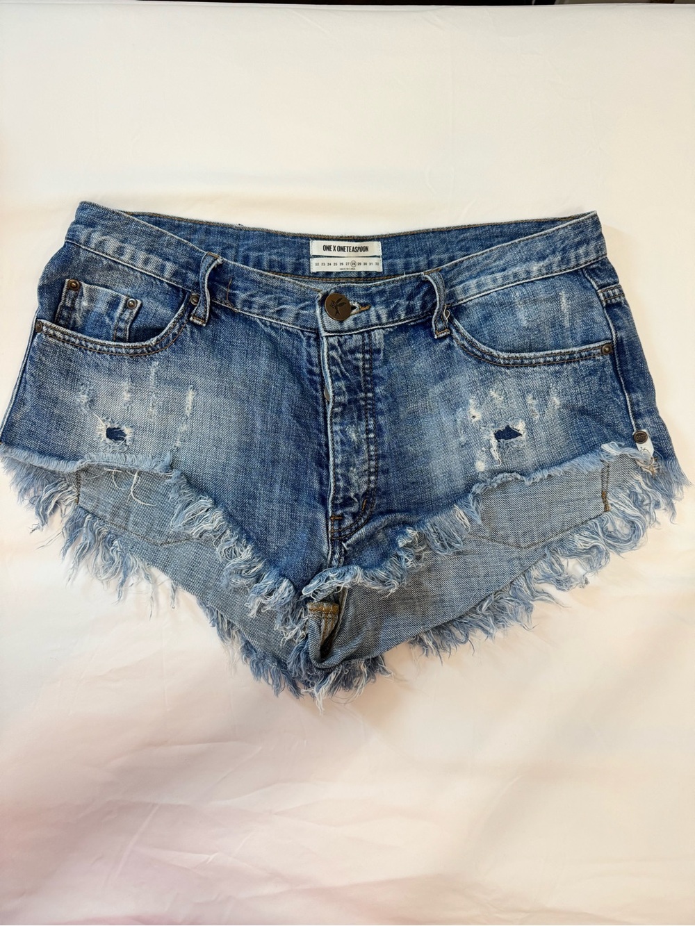 One Teaspoon Rollers faded blue distressed frayed denim shorts